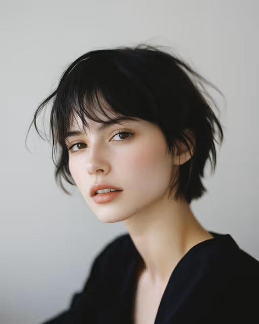 Portrait of a ゆっくりとng woman 長続きする short black hair 習慣を natural makeup wearing a black top against a plain background.
